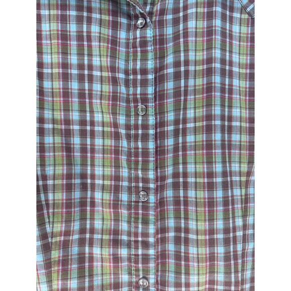 Wrangler Women's sz L Snap Plaid Cotton Shirt LS Blue Brown Green 70s Inspired - Picture 5 of 10